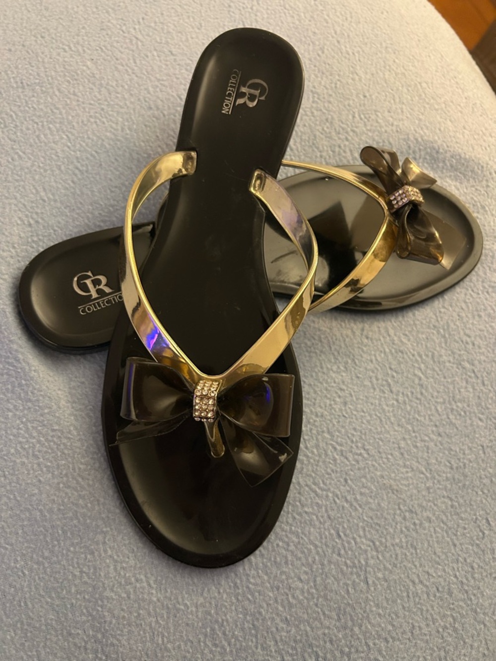 CR Collection Black Jelly Sandals with Gold Straps & rhinestones - Picture 14 of 16